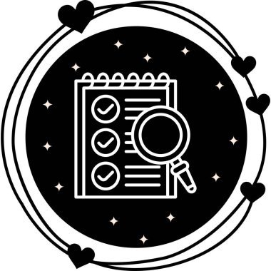 Liste ögelerinin yanında kontrol işaretleri ve sağ tarafında büyüteç olan spiral defter. Uygulama için uygun simge.