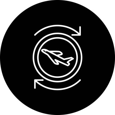 Dairesel çerçevede soru işareti olan bir uçağın basit bir çizgisi çizimi, uçuş sorguları, bilgi masaları veya seyahat SSS bölümleri için uygundur.