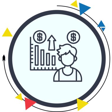 Yükselen çubuk grafiği ve finansal uygulamalar için para birimi sembolleri olan bir adamın basit bir çizgi çizimi.