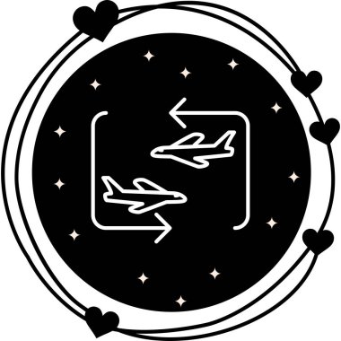 Dairesel çerçevede ünlem işareti olan bir uçağın basit bir çizgi çizimi, seyahat uyarıları veya uçuş durumu bildirimleri için uygundur.