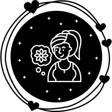 At kuyruklu bir kadının düşünce balonunda bir çiçek düşünmesi doğrusal simgesidir..