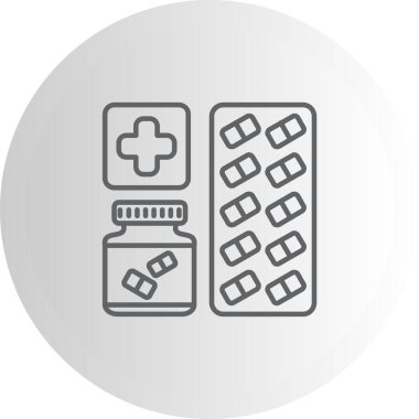 Uygulamalar veya web sayfaları için uygun kapsüllerle tıbbi ilaç şişesi ve su toplayıcı paketinin resimlendirilmesi, doğrusal bir sağlık tasarımı içerir.