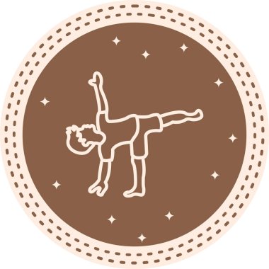 Minimalist çizimde, sağlık uygulamaları için ideal yarım ay yoga pozu veren bir erkek figürü yer alıyor..
