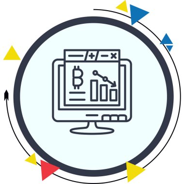 Bilgisayar monitörü, dairesel çerçeve içinde renkli geometrik aksanlı bitcoin sembolü, bar grafiği ve aşağı eğimli ok içeren kripto para gösterge panelini gösteriyor