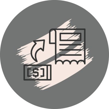 Banknotun minimalist simgesi ve hafif dairesel arkaplan üzerindeki ödeme, alım-satım veya fatura işlemini temsil eden eğri oklu kağıt fatura