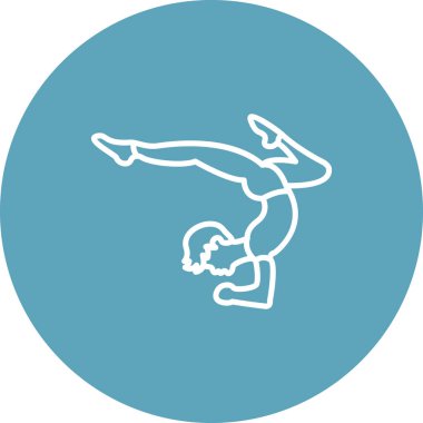 Minimalist çizgi ikonu, erkek figürünün dairesel düğme içinde poziyon vermesi gelişmiş fitness, denge ve atletik gücü temsil eder..