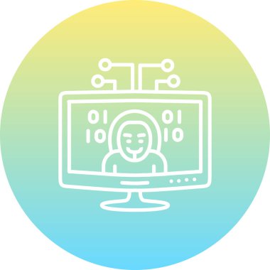 computer monitor displays a hooded figure and binary code, representing cybercrime and hacking through a digital network