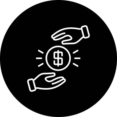 Finansal işlemleri, bağış bağışı, ödeme ve servet paylaşımını temsil eden parlayan para alışverişinde bulunan iki elin minimalist simgesi