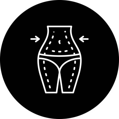 Bir kadın gövdesinin ve üst bacaklarının vücut hatlarını veya liposuction 'ı temsil eden kesik çizgiler ve oklar içeren bir taslak simgesi..