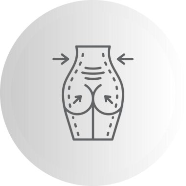 Çemberin içindeki bir kadın alt gövdesinin çizgi simgesi. Estetik cerrahi işaretler ve şekillendirme için oklar..