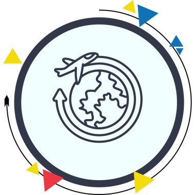 Seyahat dünyası grafikleri uygulamaları veya turizm web sayfaları için uygun bir dünya, uçak ve dairesel ok gösteriyor.