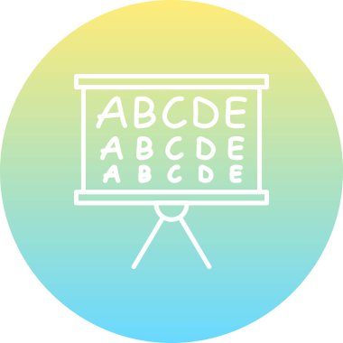 Öğrenme uygulamaları veya öğretim sayfaları için uygun alfabe harfleri içeren bir sunum tahtası gösteren eğitici grafikler.