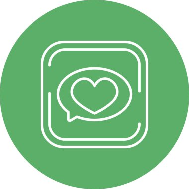 Konuşma baloncuğunun içindeki kalbin basit çizgi çizimi dairesel sınır içindeki yuvarlak kare düğmeye oturur.