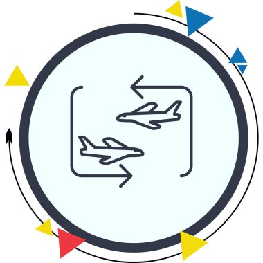 Dairesel çerçevede ünlem işareti olan bir uçağın basit bir çizgi çizimi, seyahat uyarıları veya uçuş durumu bildirimleri için uygundur.