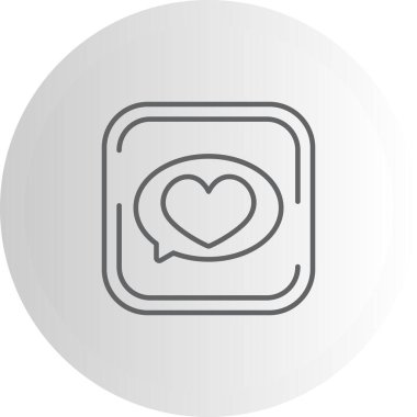 Konuşma baloncuğunun içindeki kalbin basit çizgi çizimi dairesel sınır içindeki yuvarlak kare düğmeye oturur.