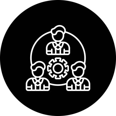 Dairesel amblem, takım çalışmasını ve endüstriyel işbirliğini sembolize etmek için gri ve pembe arka planda büyük teçhizatları çevreleyen resimli adamları gösteriyor..