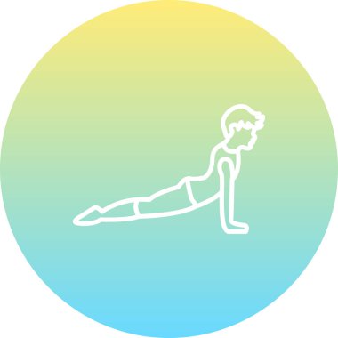 Minimalist çizgi simgesi, spor, esneklik ve sağlığı temsil eden dairesel düğme içinde kobra yoga pozu veren erkek figürüne sahiptir..