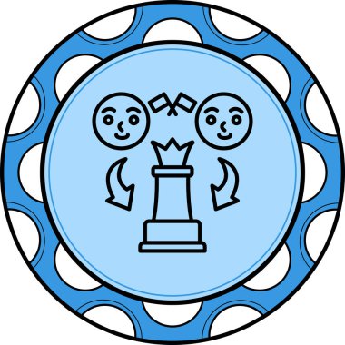 Minimalist çizgi simgesi, üzerinde çapraz bayraklar olan iki adam arasında yerleştirilmiş büyük bir satranç kraliçesi taşını tasvir ediyor..