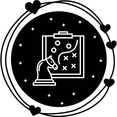 Basit bir grafik, stratejik işaretli bir pano önünde tek bir satranç şövalyesi taşını tasvir ediyor..