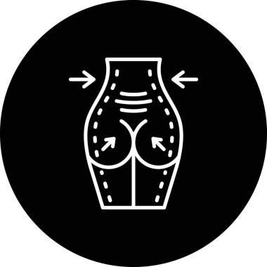 Çemberin içindeki bir kadın alt gövdesinin çizgi simgesi. Estetik cerrahi işaretler ve şekillendirme için oklar..