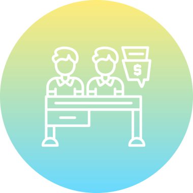 Finansal konsültasyonu, iş toplantısını veya profesyonel hizmetleri temsil eden para konuşma balonuyla masada oturan iki kişiyi gösteren yaratıcı simge