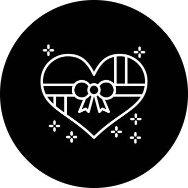 Kalp şeklinde bir hediye kutusunun kurdele ve fiyonkla süslenmiş simgesi..