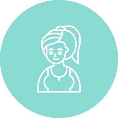 Saçı at kuyruğu olan ve spor bluzu giyen bir kadının minimalist çizgi simgesi..