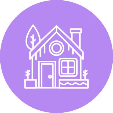 Arka planda tek bir ağaç ve bacası olan küçük bir banliyö evinin minimalist çizgi simgesi.