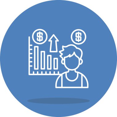 Yükselen çubuk grafiği ve finansal uygulamalar için para birimi sembolleri olan bir adamın basit bir çizgi çizimi.