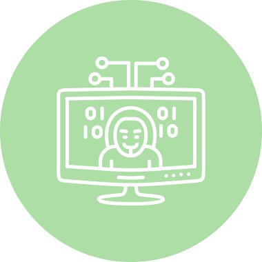 computer monitor displays a hooded figure and binary code, representing cybercrime and hacking through a digital network