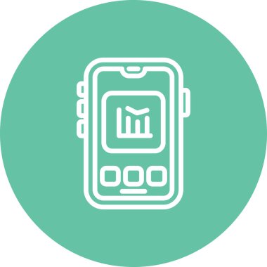 Beyaz dairesel arkaplan içinde ekranda üç düğme bulunan akıllı telefon çizelgesi. Uygulamalar veya web sayfaları için mobil iş analizi arayüzü.
