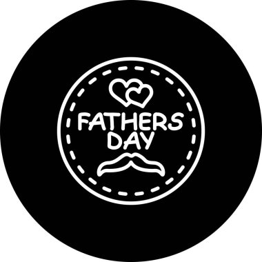 İçinde iki kalp, bir bıyık ikonu ve kutlama metni bulunan dairesel Babalar Günü rozeti, bayram selamlama uygulamaları veya mevsimsel web afişleri için uygun.