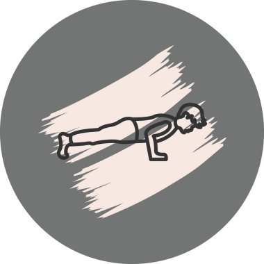 minimalist çizgi simgesi, erkek figürü dairesel düğme içinde besin, güç ve fiziksel eğitimi temsil eden tahta pozlar veriyor.