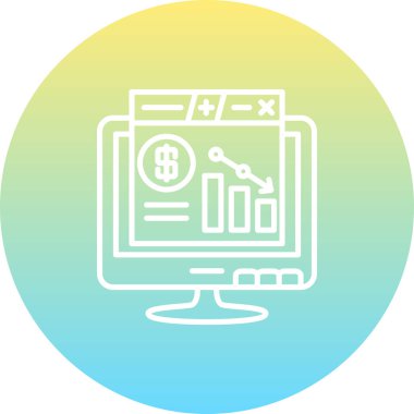 Finans paneli, dolar sembolü, bar grafiği ve ekonomik kaybı gösteren aşağı yönlü eğilim okuyla muhasebe yazılım arayüzünü gösteren bilgisayar monitörü