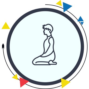 Minimalist çizgi ikonu, yoga, meditasyon ve sakin fiziksel sağlığı temsil etmek için Vajrasana 'ya şimşek pozu veren bir erkek figürüne sahip..