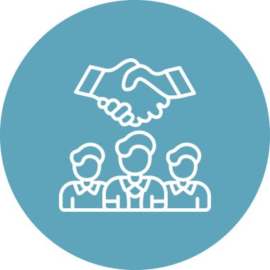 Merkezi dairesel amblemde, resmi bir iş anlaşmasını temsil eden erkekler ve dijital devre hatlarıyla çevrili iki el titriyor..