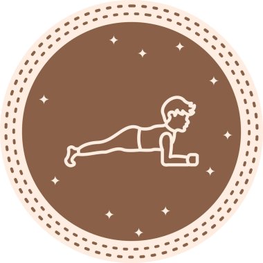 Minimalist çizgi simgesi, temel dayanıklılık ve uygunluğu temsil eden dairesel bir düğme üzerinde düşük kalas egzersizi yapan bir erkek figürüne sahiptir..