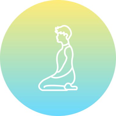 Minimalist çizgi ikonu, yoga, meditasyon ve sakin fiziksel sağlığı temsil etmek için Vajrasana 'ya şimşek pozu veren bir erkek figürüne sahip..
