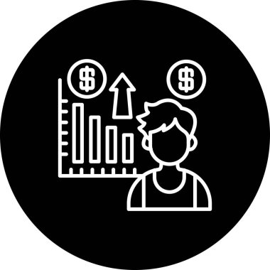 Yükselen çubuk grafiği ve finansal uygulamalar için para birimi sembolleri olan bir adamın basit bir çizgi çizimi.