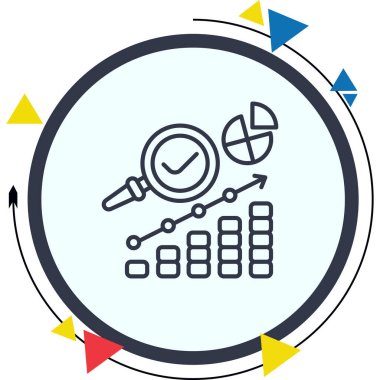 Kontrol işareti, pasta grafiği ve yükselen çubuk grafiği olan büyüteç çizimi.