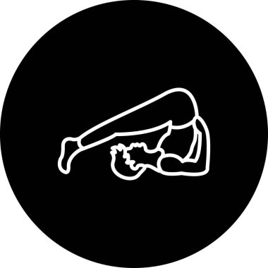 Minimalist çizgi ikonu, yoga, ileri esneme ve fiziksel uygunluğu temsil etmek için saban pozisyonu alan bir erkek figürüne sahip..
