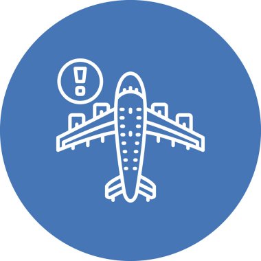 A simple line drawing of an airplane with an exclamation mark suitable for travel apps or web pages.