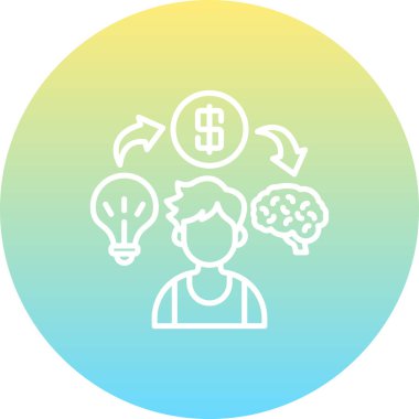 Bir fikir, para ve iş uygulamaları için uygun bir beyne sahip bir adamın basit bir çizimi..