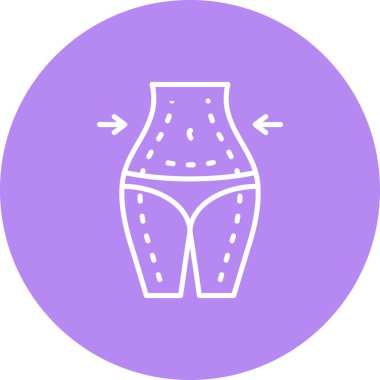 Bir kadın gövdesinin ve üst bacaklarının vücut hatlarını veya liposuction 'ı temsil eden kesik çizgiler ve oklar içeren bir taslak simgesi..