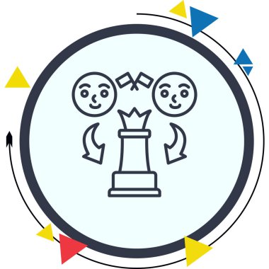 Minimalist çizgi simgesi, üzerinde çapraz bayraklar olan iki adam arasında yerleştirilmiş büyük bir satranç kraliçesi taşını tasvir ediyor..