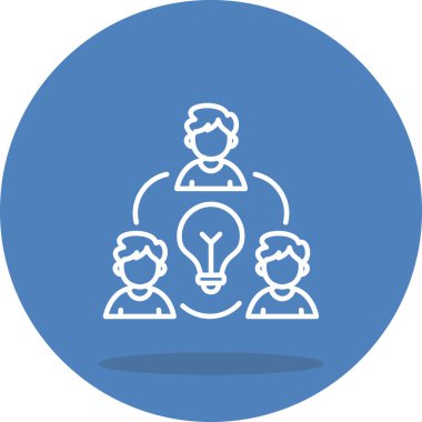 Minimalist taslak ikonu, beyin fırtınası ve kolektif fikir üretimini temsil eden büyük ampulün etrafında daire çizen üç kişiyi gösteriyor..