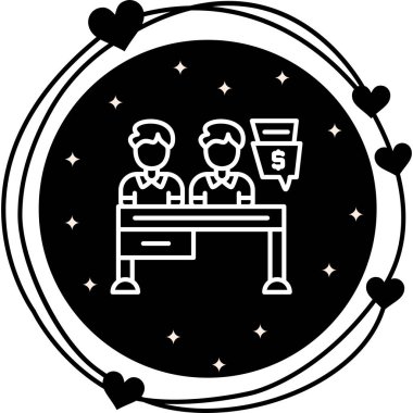 Finansal konsültasyonu, iş toplantısını veya profesyonel hizmetleri temsil eden para konuşma balonuyla masada oturan iki kişiyi gösteren yaratıcı simge