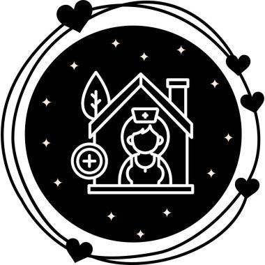 Huzurevi ikonu. Evde sağlık hizmetleri uygulamaları veya klinik web sayfaları için uygun tıbbi sembolleri olan bir hemşirenin sağlık hizmetleri grafikleri.