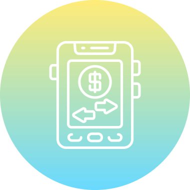 Mobil bankacılık uygulamaları veya dijital ödeme web sayfaları için uygun madeni para ve değiş tokuş okları ile bir akıllı telefonu gösteren mali sanat illüstrasyonu.