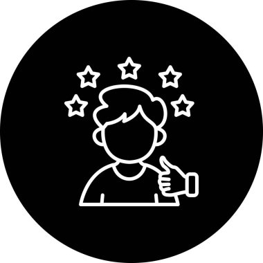 En iyi erkek müşteri, mutlu adam kafasının üstünde dairesel bir çerçevede 5 yıldızlı bir jest yapıyor. Uygulama için uygun simge.